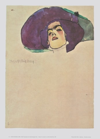 Schiele Egon; Frauenkopf mit breitkrempigem Hut - 1910